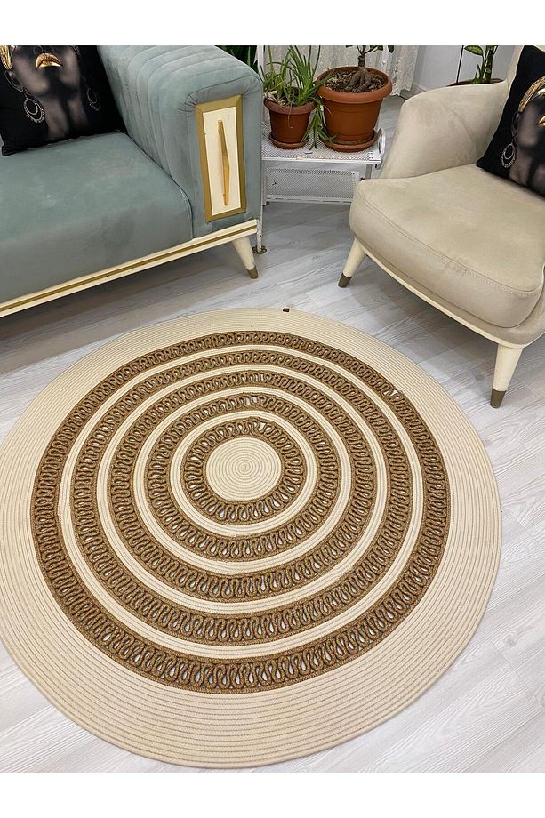 jüt Hasır görünümlü Desenli Modern El Örgüsü daire Halı Kilim - 8