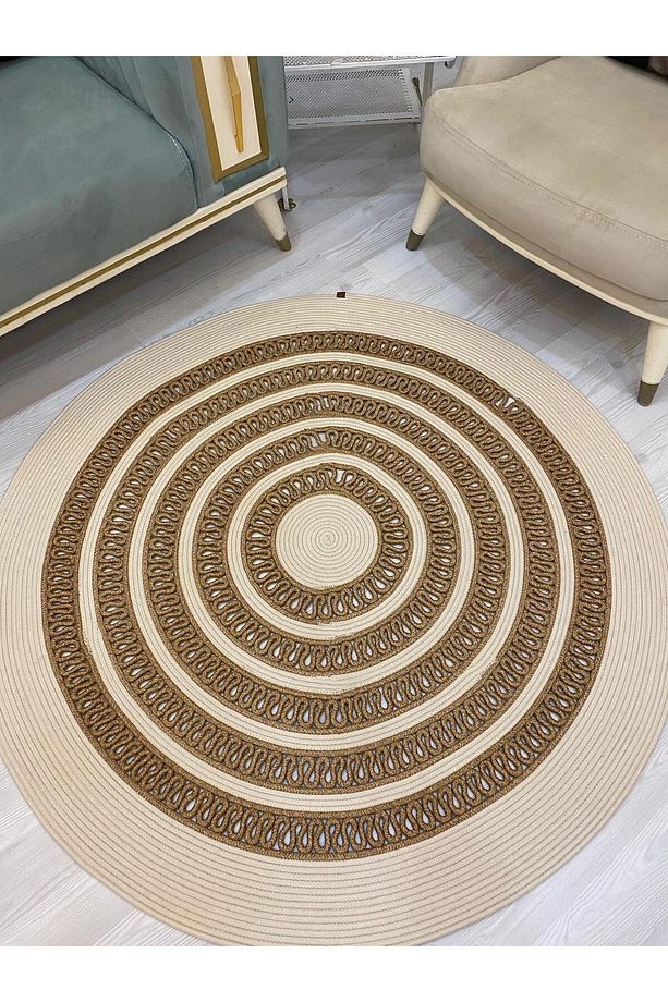 jüt Hasır görünümlü Desenli Modern El Örgüsü daire Halı Kilim - 6