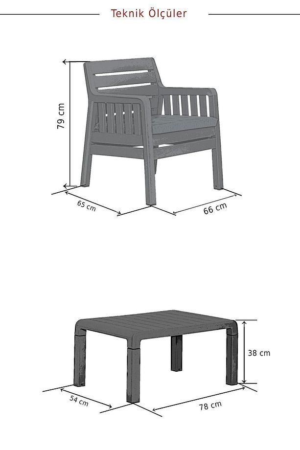Lara 1 1 S /2 Kişilik Minderli Bahçe Balkon Oturma Takımı - Antrasit - 7