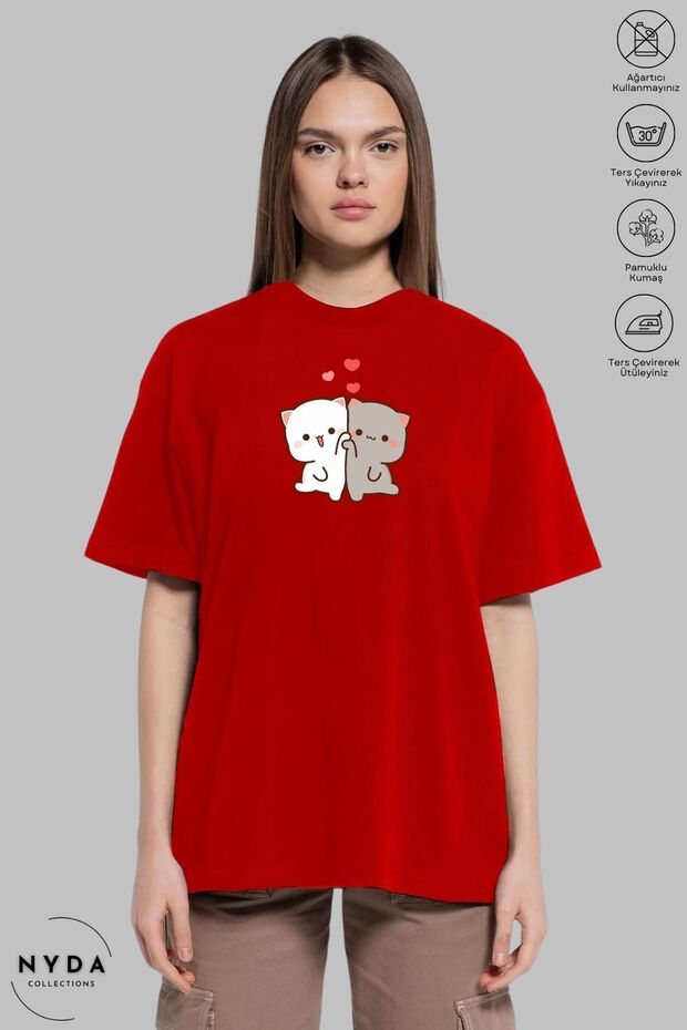 Unisex Crew Neck Heart Bubu Dudu Printed Cotton Oversize Short Sleeve T-Shirt