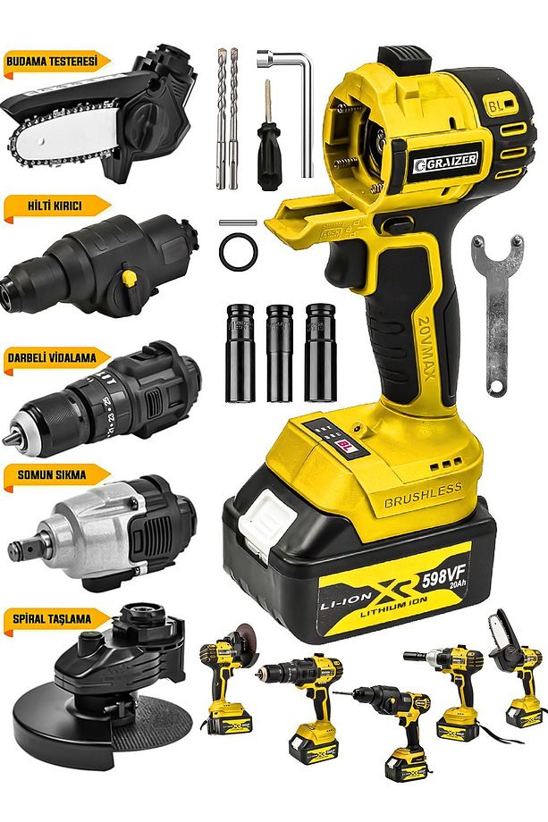 Alman 598 Vf 20 Ah 5'li Set Taşlama Somun Sıkma Hilti Dal Budama Akülü Vidalama Darbeli Matkap - 1
