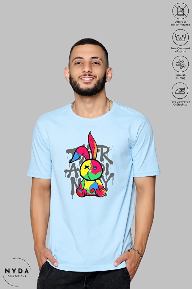 Unisex Crew Neck Stitched Rabbit Printed Cotton Oversize Short Sleeve T-Shirt