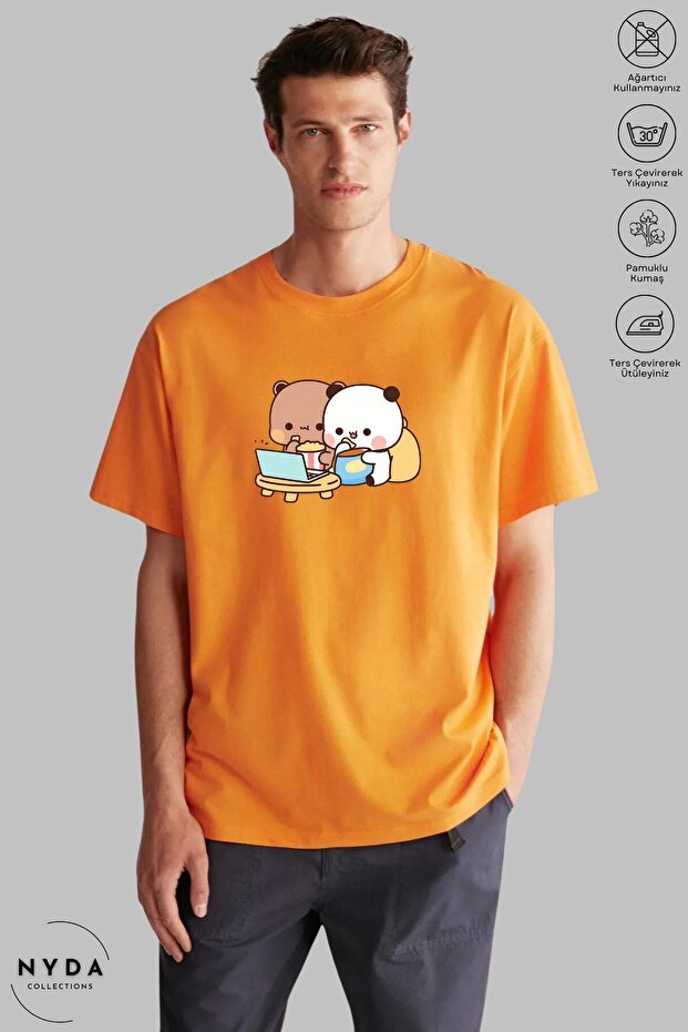Unisex Crew Neck Bubu Dudu Teddy Bear Printed Cotton Oversize Short Sleeve T-Shirt
