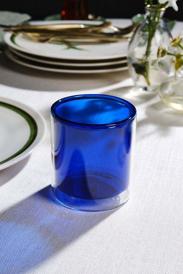 Pia Çift Cidarlı Cam Mavi Su Bardağı 280 ml - 1