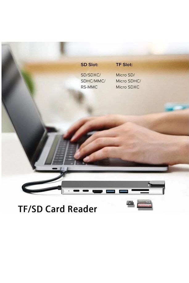 8 In 1 Ethernet Rj45 Sd Tf Usb Type C Hub Hdmı Girişli Macbook Çevirici Çoğaltıcı - 2