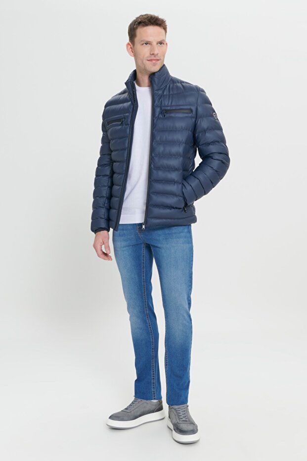 Erkek Lacivert Sıcak Tutan Termometreli Standart Fit Normal Kesim Cepli Dik Yaka Mont - 2