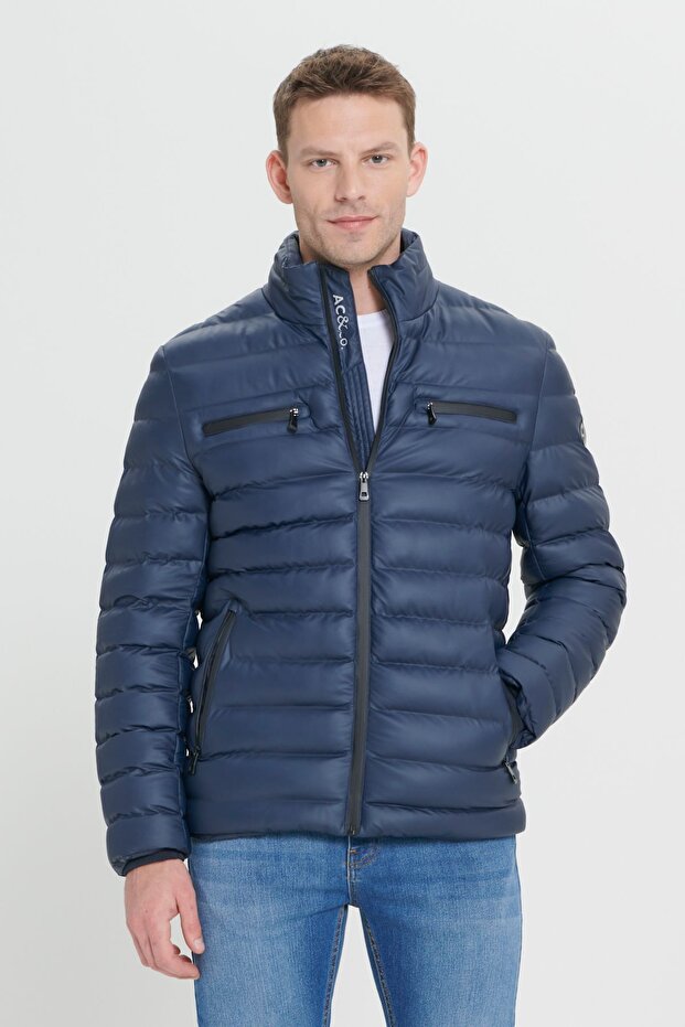 Erkek Lacivert Sıcak Tutan Termometreli Standart Fit Normal Kesim Cepli Dik Yaka Mont - 3