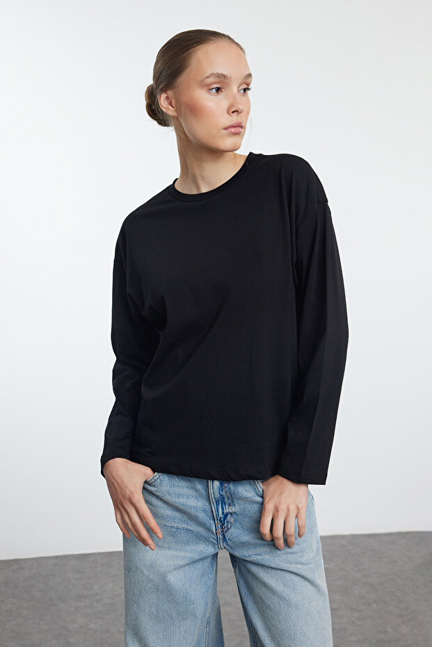 Siyah-Beyaz 2'li Paket %100 Süprem Oversize/Geniş Kesim Örme T-Shirt TWOAW25TS00004 - 2