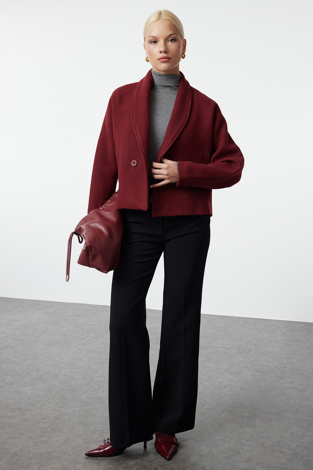 Bordo Oversize Yünlü Kısa Ceket Kaban TWOAW25KB00047 - 4