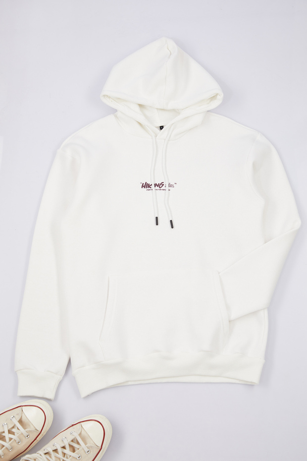 Ekru Oversize/Geniş Kesim Kapüşonlu Sırt Baskılı İçi Polar/Sıcak Tutan Sweatshirt TMNAW25SW00077 - 7