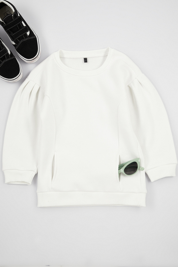 Ekru Kız Çocuk Kol Büzgülü Cepli Örme Sweatshirt TKDAW25SW00025 - 1