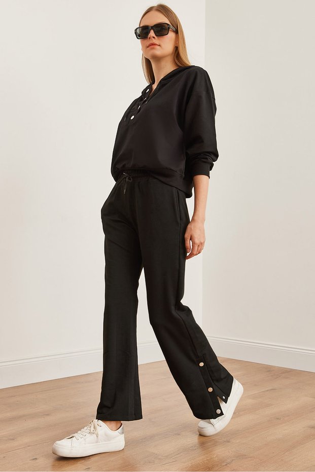 Women's Black Snap Detailed Tracksuit Set Etkm- 0000068