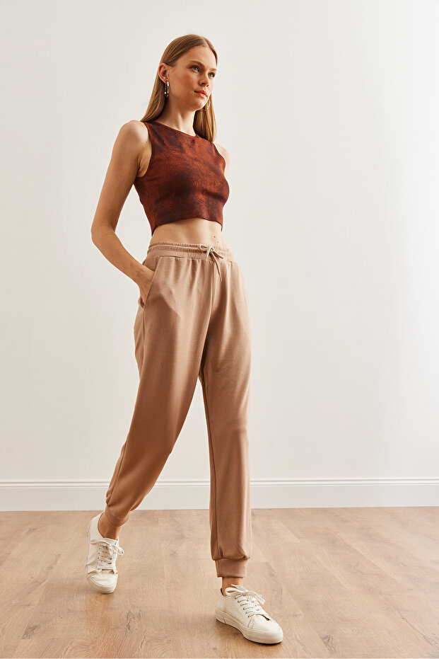 Kadın Bej Beli Lastikli Modal Tuşeli Jogging Eşofman Altı EŞF-00000072 - 4