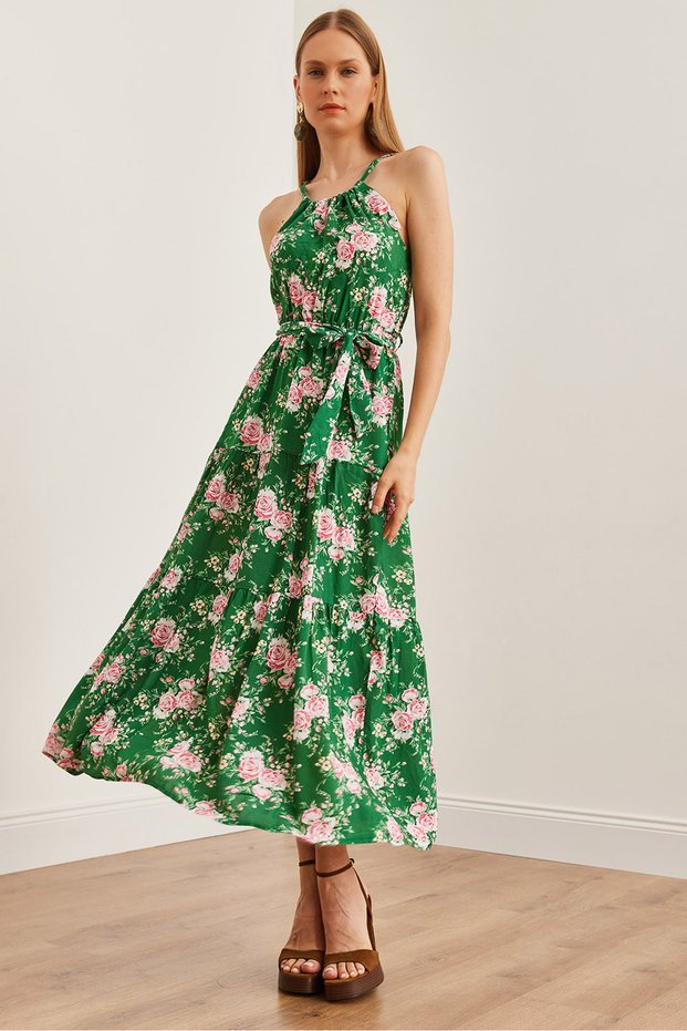 Women's Green Pink Halter Neck Belted Woven Viscon Dress Elb- 19001548