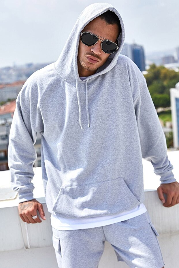 Gray Men's Hooded Kangru Pocket Oversized Loose-Cut Sweatshirt