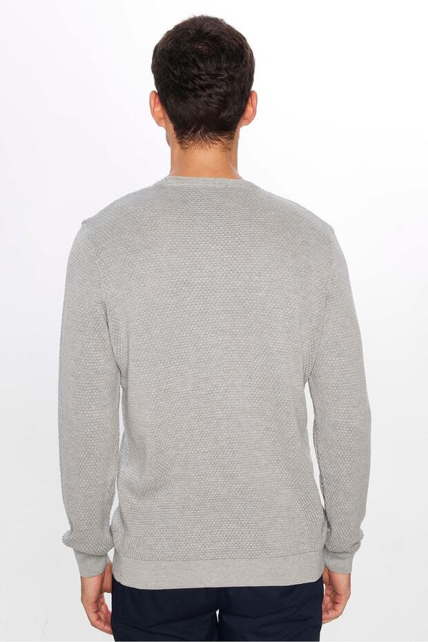 Erkek Slim Fit Dar Kesim Bisiklet Yaka Petek Desenli Gri Triko Kazak - 5