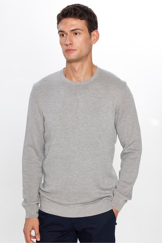 Erkek Slim Fit Dar Kesim Bisiklet Yaka Petek Desenli Gri Triko Kazak - 2