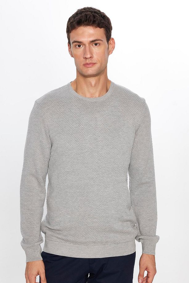 Erkek Slim Fit Dar Kesim Bisiklet Yaka Petek Desenli Gri Triko Kazak - 1