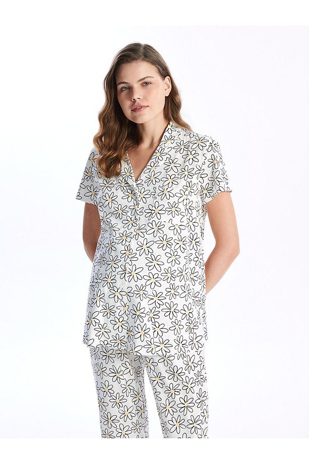 Gömlek Yaka Çiçekli Kısa Kollu Hamile Pijama Takımı - 2
