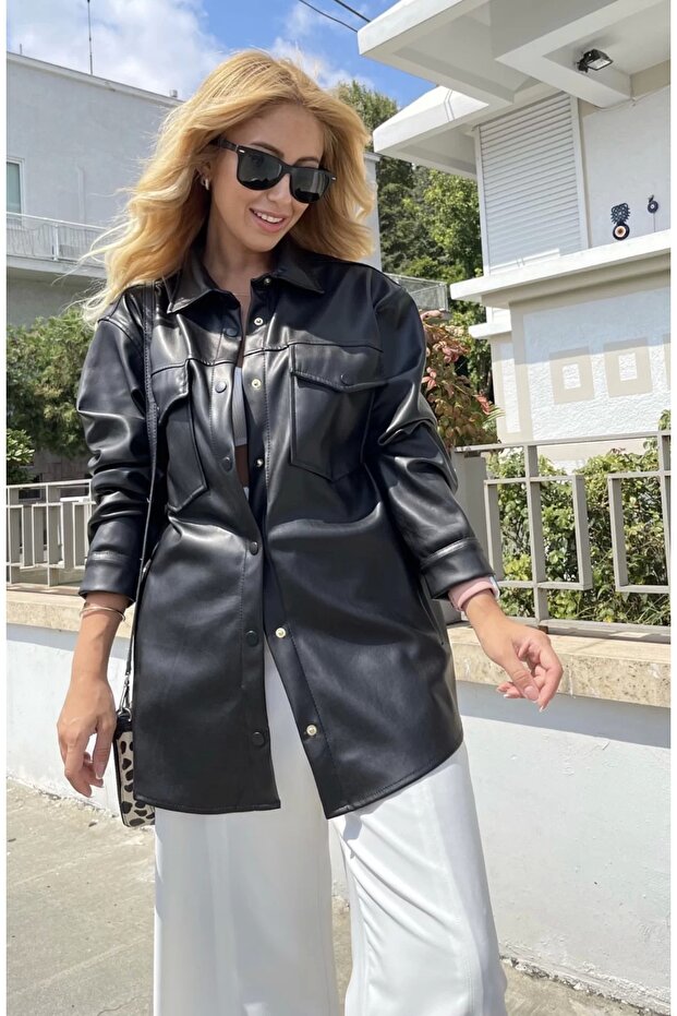 Black Thin Rose Gold Faux Leather Shirt with Pocket Detail