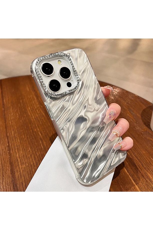 İphone 14 Pro Max Kılıf Kristal Elmas Taşlı Dalgalı Parlak Simli Silikon Lens Çercevesi Parıltılı - 1