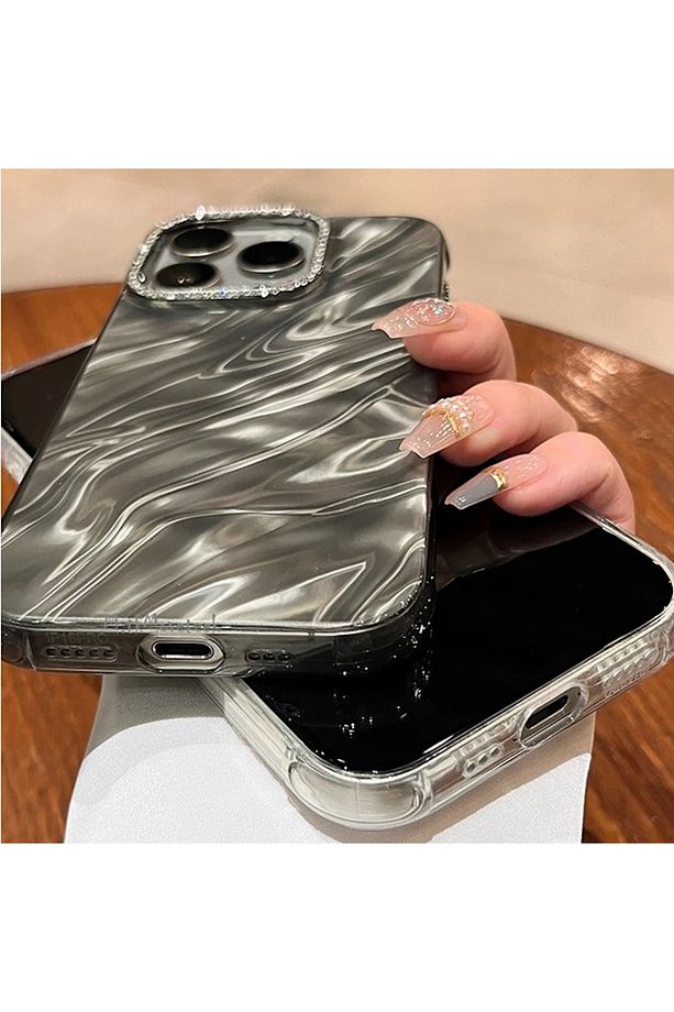 İphone 14 Pro Max Kılıf Kristal Elmas Taşlı Dalgalı Parlak Simli Silikon Lens Çercevesi Parıltılı - 5