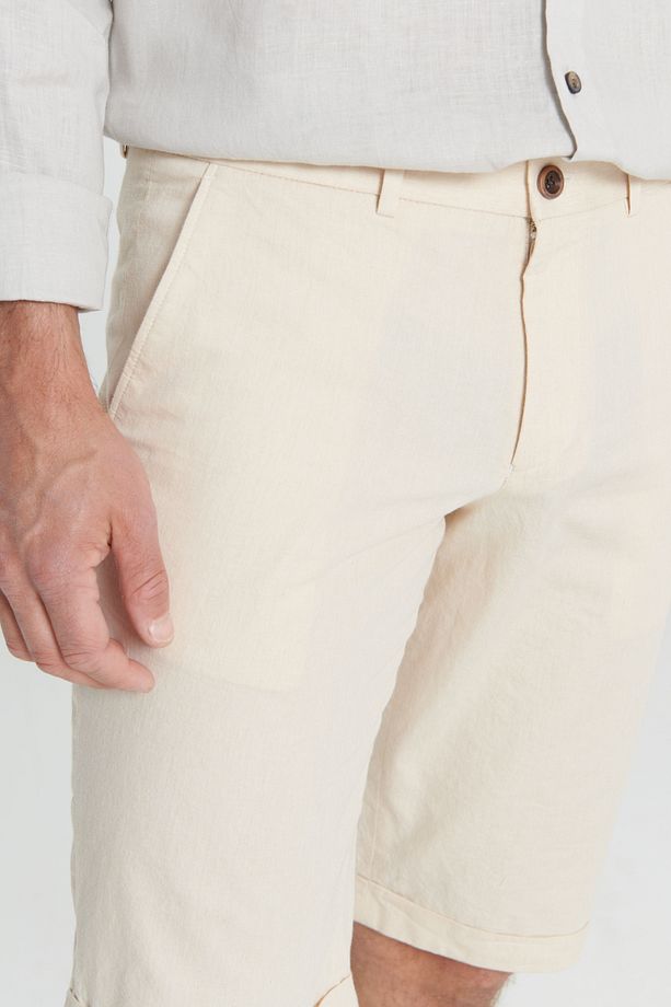 Erkek Ekru Slim Fit Dar Kesim %100 Pamuk Yan Cep Şort - 4