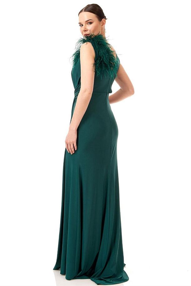 Örme Saten Omuz Tüy Detaylı Bel Dekolteli Abiye Elbise - 3