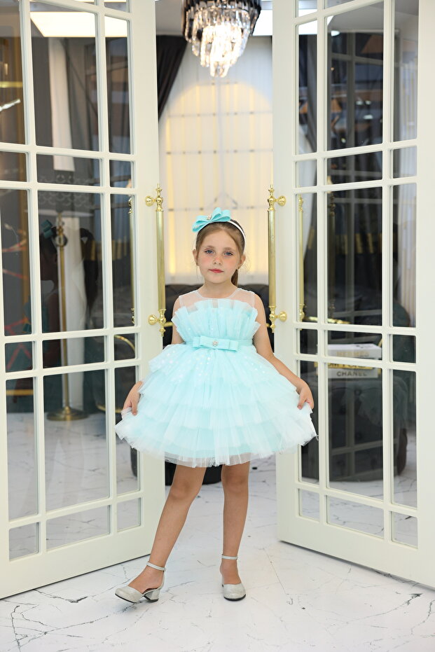 Kat Kat Ruffled Star Printed Mini Girls' Evening Dress with Bow Detail - with Accessory Gift