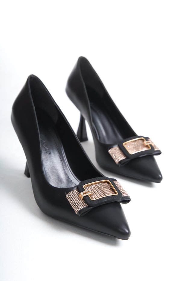 Women's Black Leather Stiletto Heels with Stone Buckle Detail