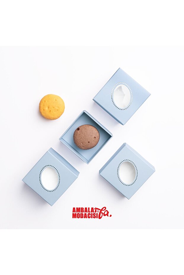 Makaron Kutusu ( 10 Adet ) Macarone Box Adet Gözlü Mavi ( 6,5x6,5x5 Cm ) - 2