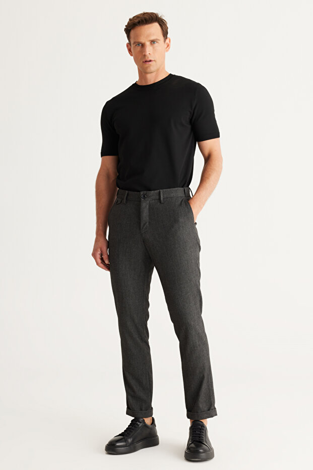 Men's Black Slim Fit Slim Fit Side Pocket Tweet Patterned Classic Fabric Trousers with Elastic Waist