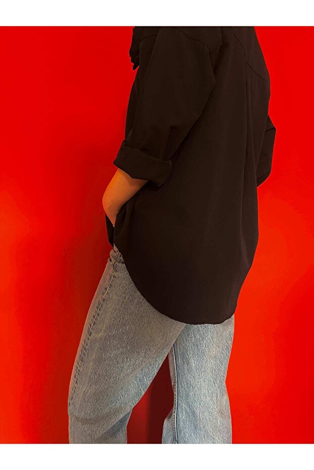Oversize Uzun Basic Gül Aksesuarlı Gömlek Siyah - 6