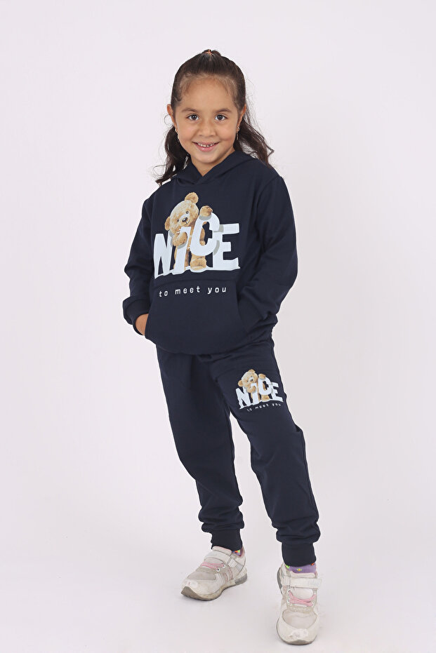 Cute teddy bear print & hooded girls' tracksuit set