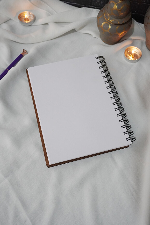 A5 Spiraled Feather Patterned Wooden Notebook - Picture Notebook - Unlined Gift Notebook - 5