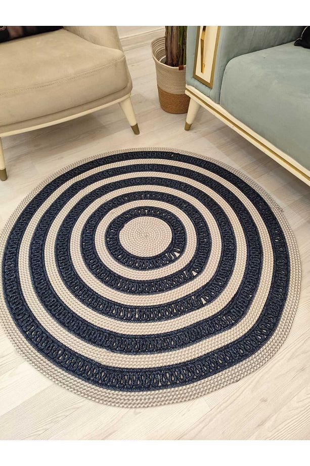 jüt Hasır görünümlü Desenli Modern El Örgüsü Daire Halı Kilim - 1