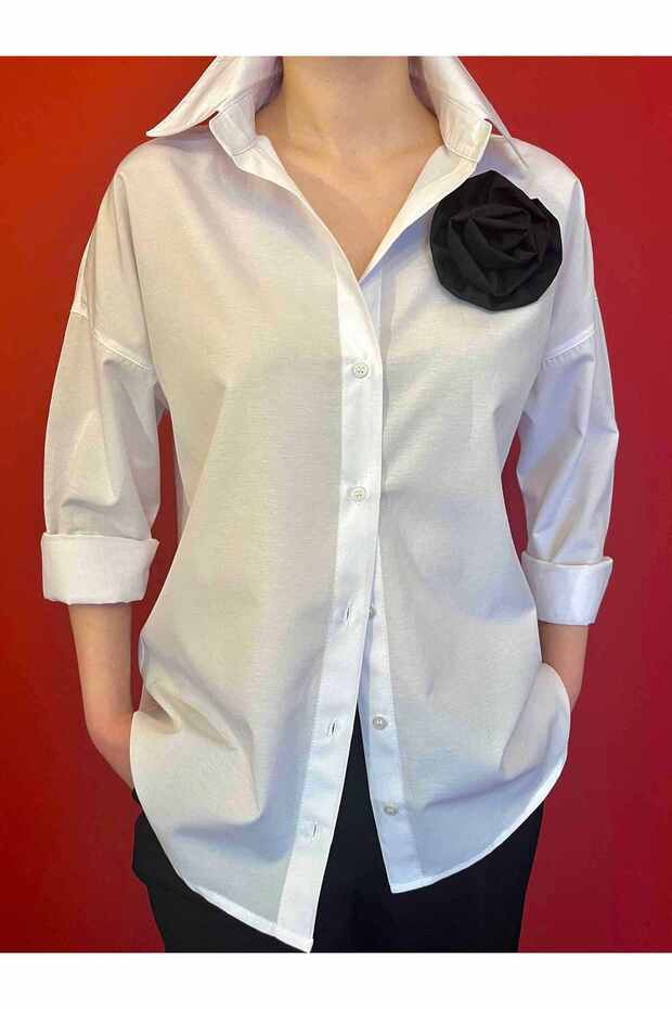 Oversize Uzun Basic Gül Aksesuarlı Gömlek Beyaz - 4