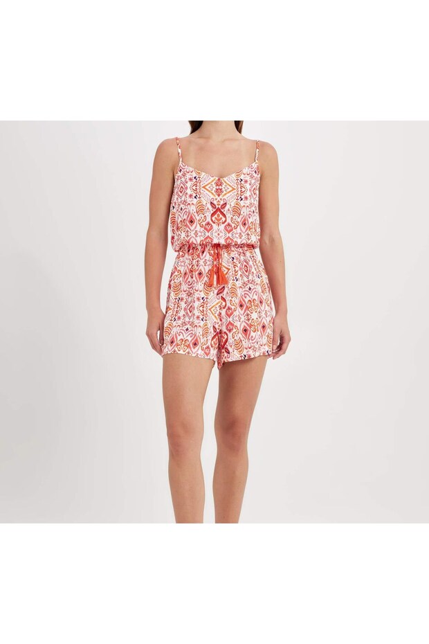 Shawl Patterned Women's Jumpsuit - with Straps and Shorts