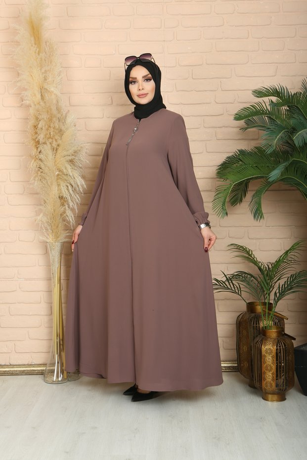 Women's Mevlana Zippered Summer Full-Length Ferace Islamic Clothing New Season Dark Rose Ferace