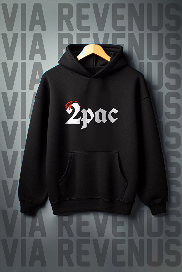 2Pac Printed Kangaroo Pocket 3 Threaded Threaded Oversize Wide Fit Black Hooded Sweatshirt