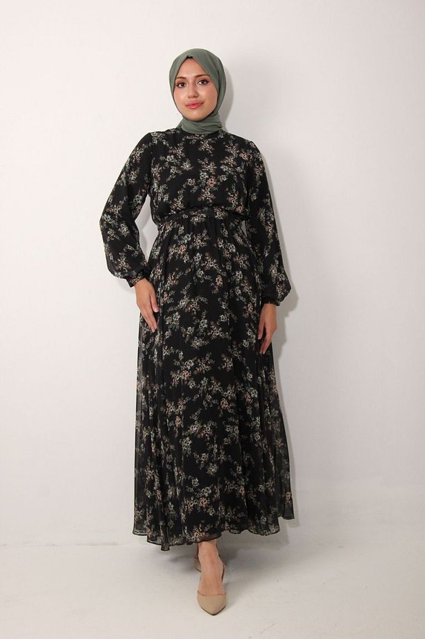 Çiçek Desenli Şifon Tesettür Elbise - 3