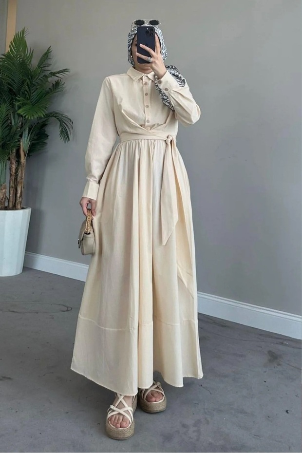 Poplin Fabric Hijab Dress - Shirt Collar and Tie Detail - Cream