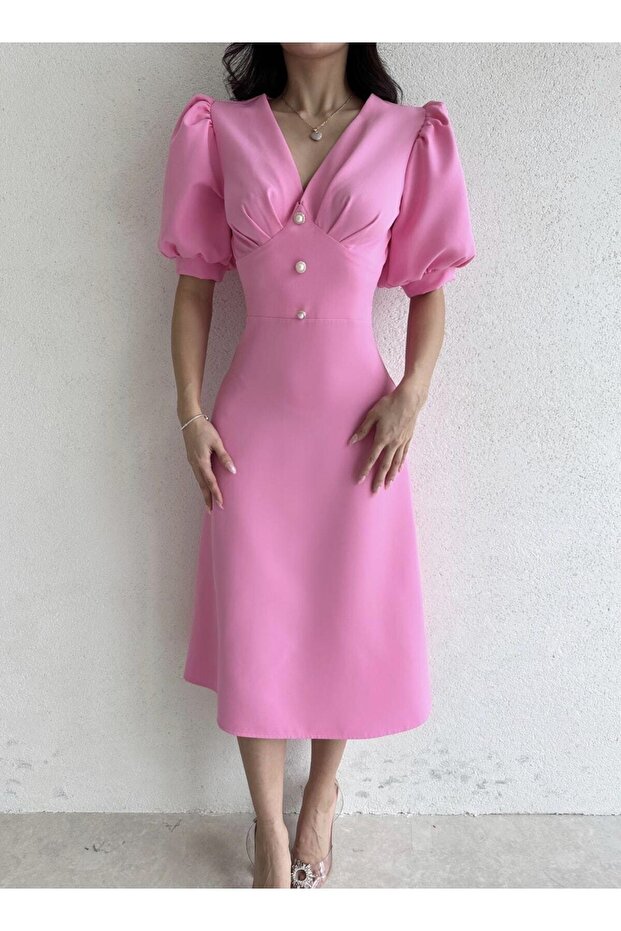 Pembe Inci Düğme Detaylı Yarım Kol Midi Elbise - 2