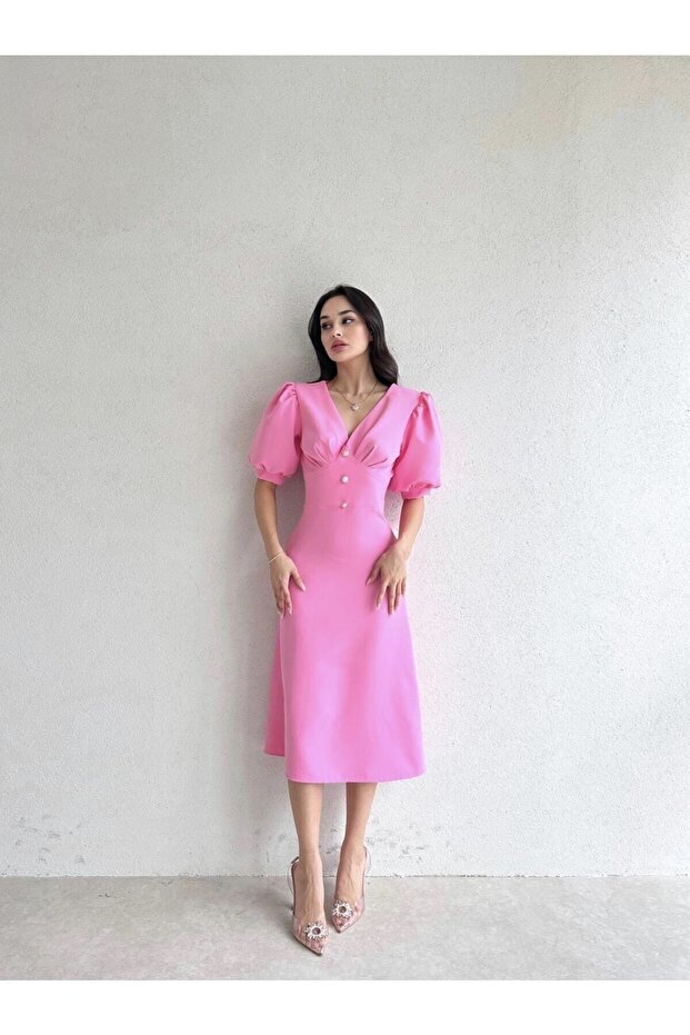 Pembe Inci Düğme Detaylı Yarım Kol Midi Elbise - 1