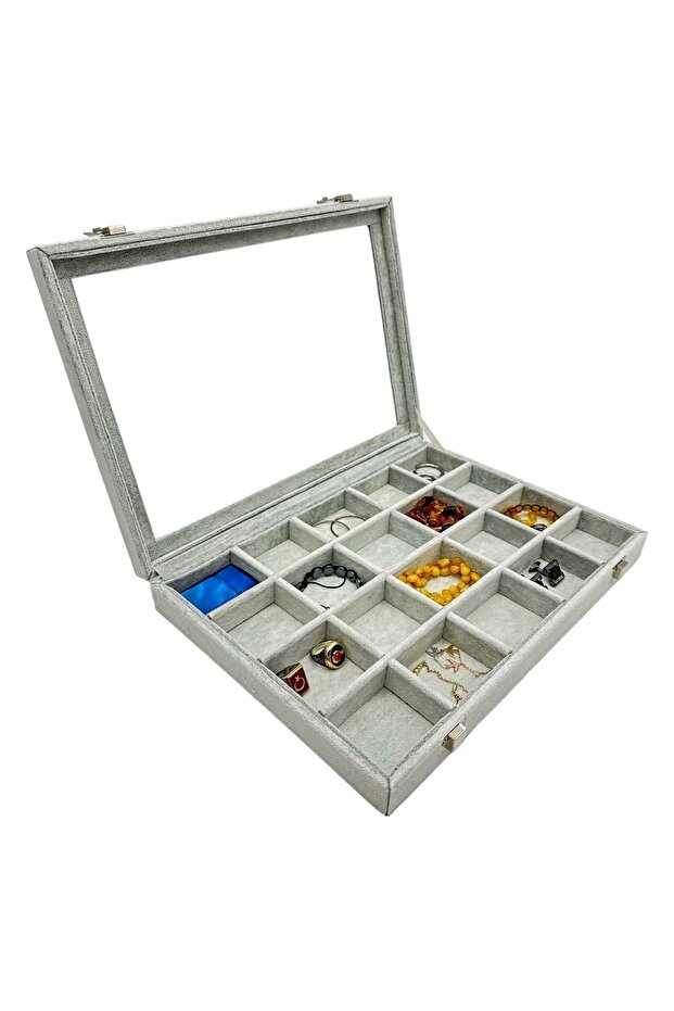 Jewelry Box 20 Compartments Suede Gray Fabric Covering
