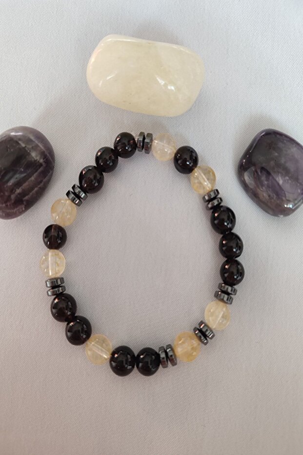 Certified Smoky Quartz, Citrine, Hematite Natural Stone Bracelet