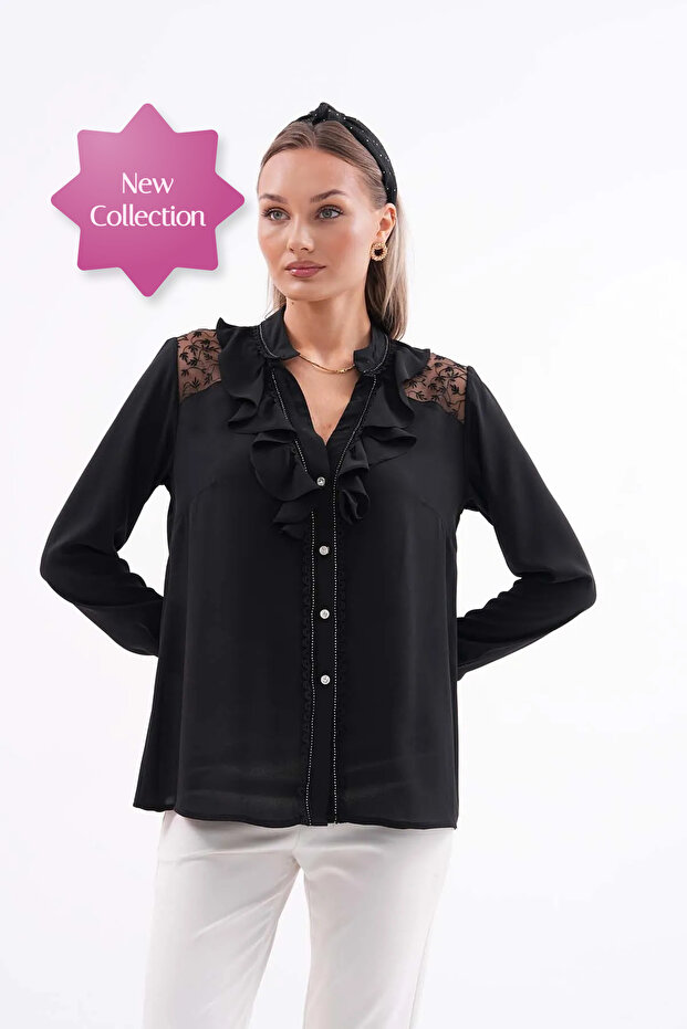 Women's Plus Size Lace Garnished Stone Stripe Detailed Shirt G0057