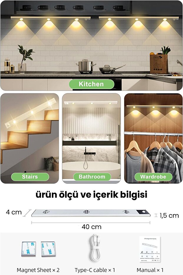 Hareket Sensörlü Şarj Edilebilir 3 Farklı Renk Yanabilen 3 Led Dekoratif Lamba,Dolap Işığı - 5