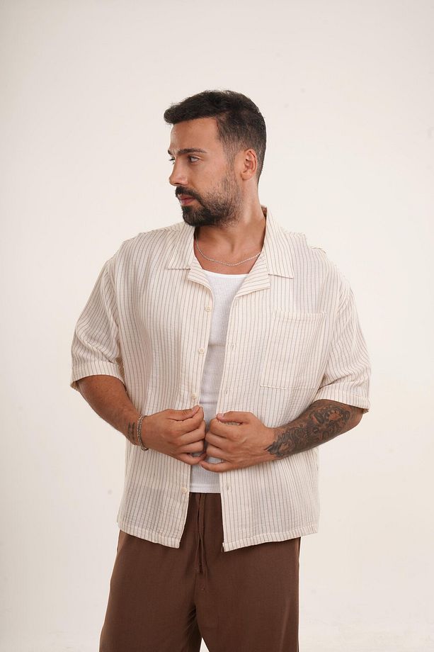 Bej İnce Dik Çizgili Tek Cepli Oversize Keten Gömlek EST E70177 - 1