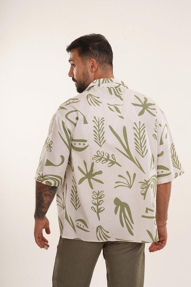 Haki Sembol Desen Tek Cepli oversize Keten Gömlek EST E70184 - 2
